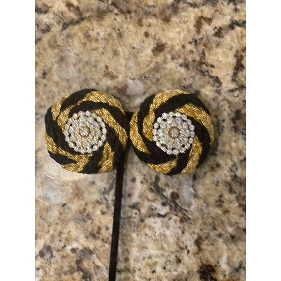 Earrings Vintage Nautical clip blk/gold rhinestone center 2” - Picture 3 of 3